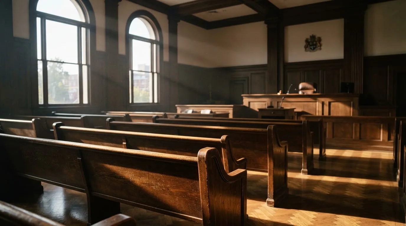 An empty courtroom with wooden benches in morning light