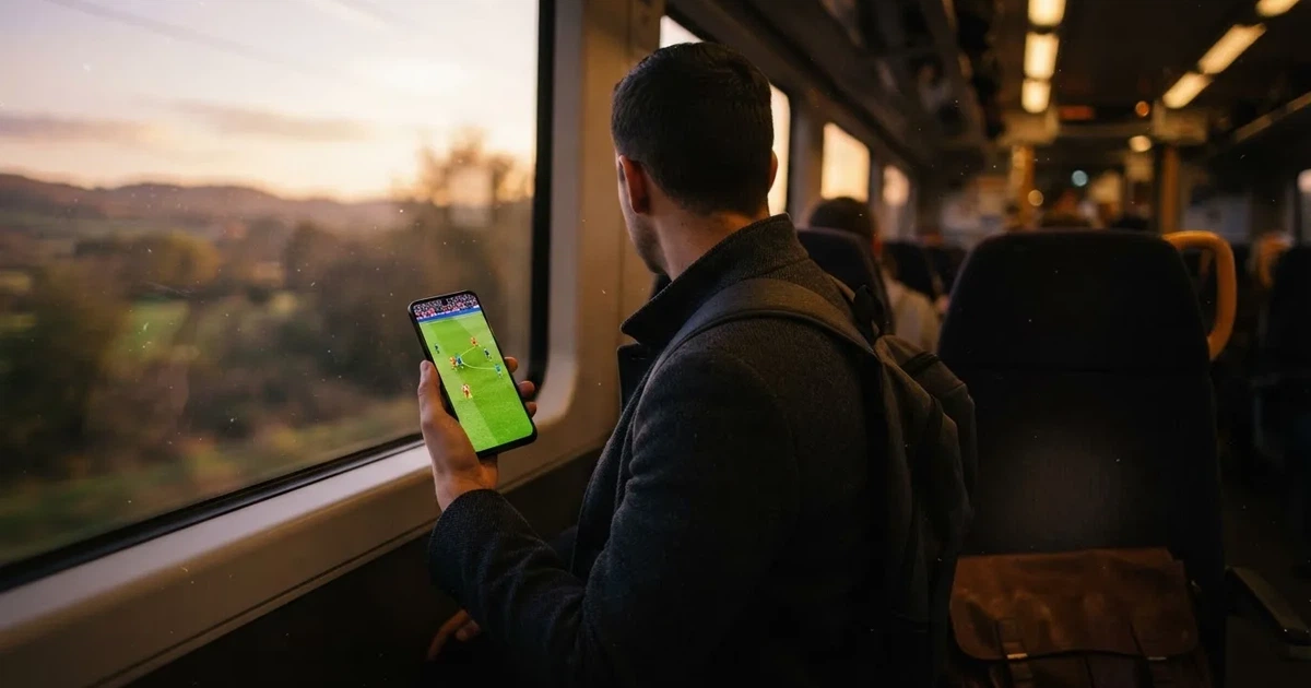 A hand holding a smartphone on a train in the evening, screen turned away