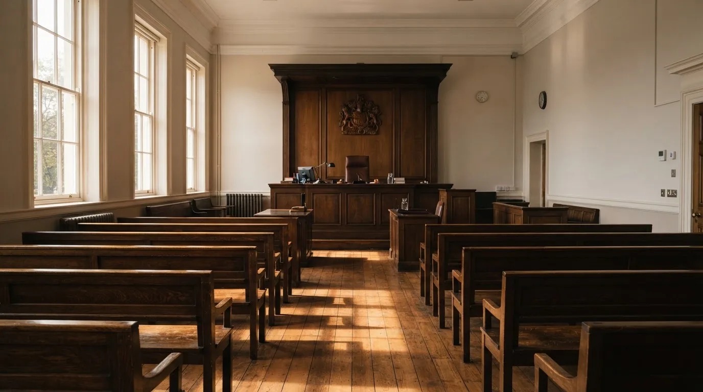 An empty courtroom with wooden benches in morning light