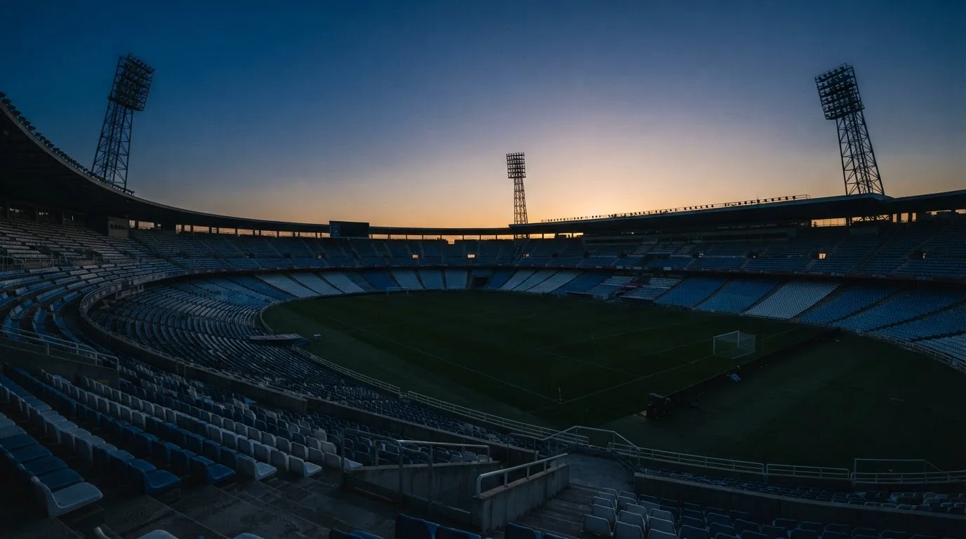 An empty football stadium with floodlight masts at dusk