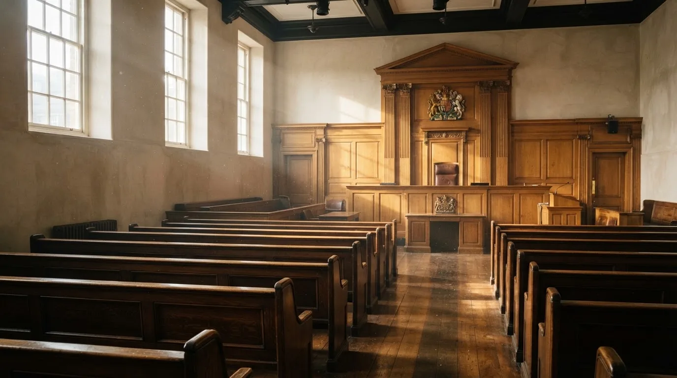 An empty courtroom with wooden benches in morning light