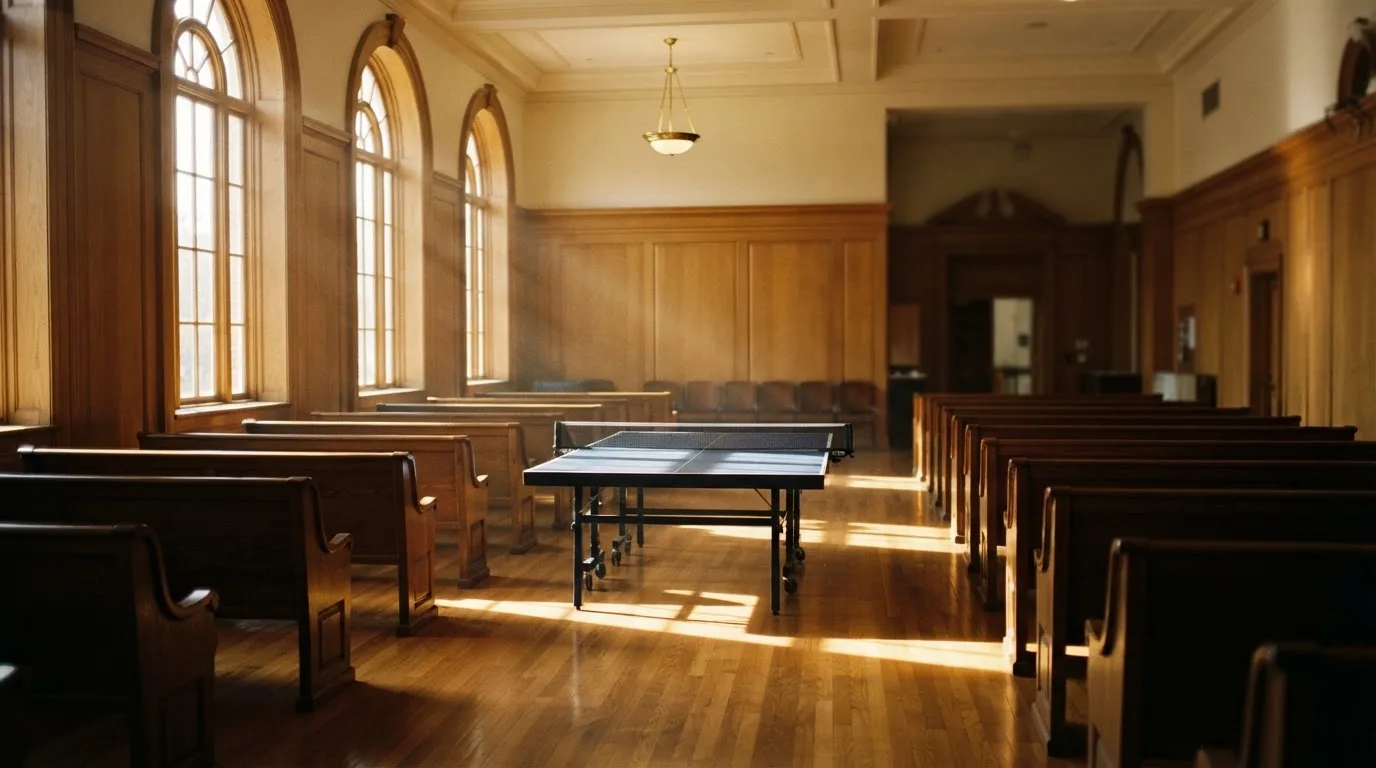 An empty courtroom with wooden benches in morning light