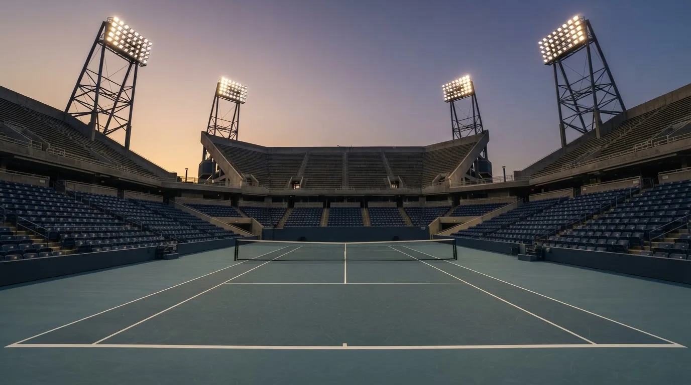 An empty football stadium with floodlight masts at dusk