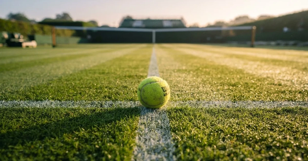 A ball on the centre spot of a grass pitch in morning light