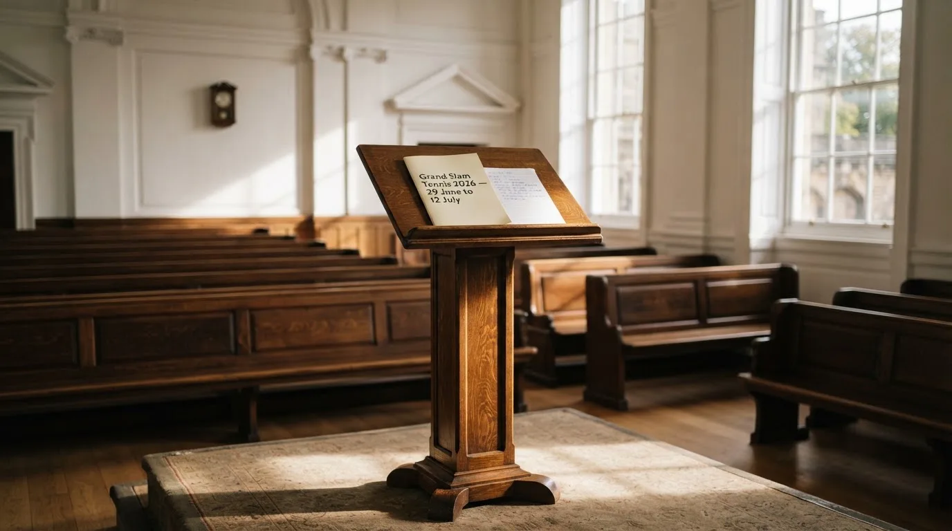 An empty courtroom with wooden benches in morning light