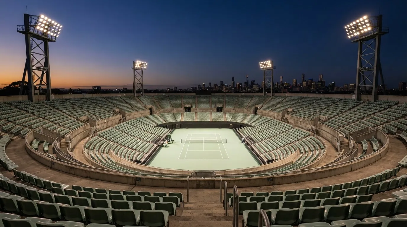 An empty football stadium with floodlight masts at dusk
