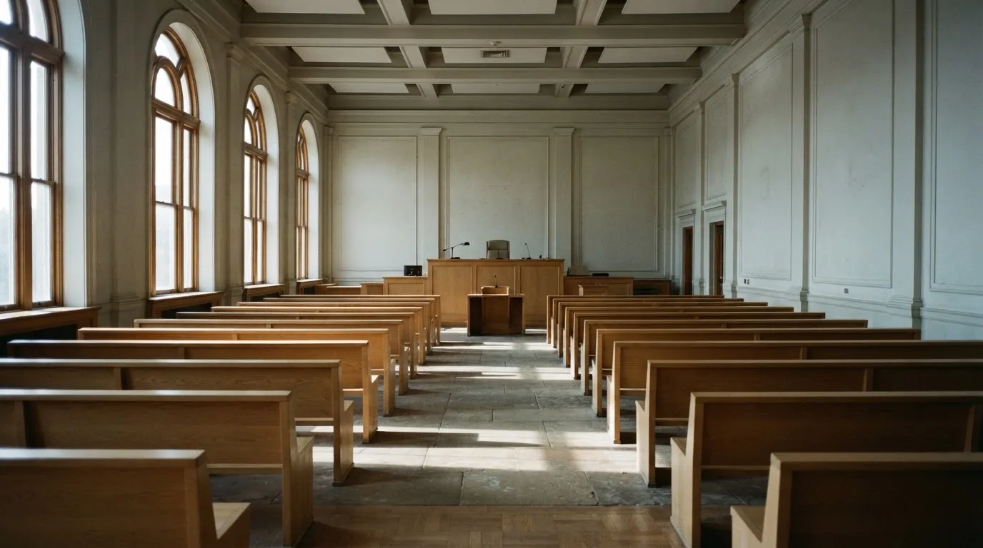 An empty courtroom with wooden benches in morning light