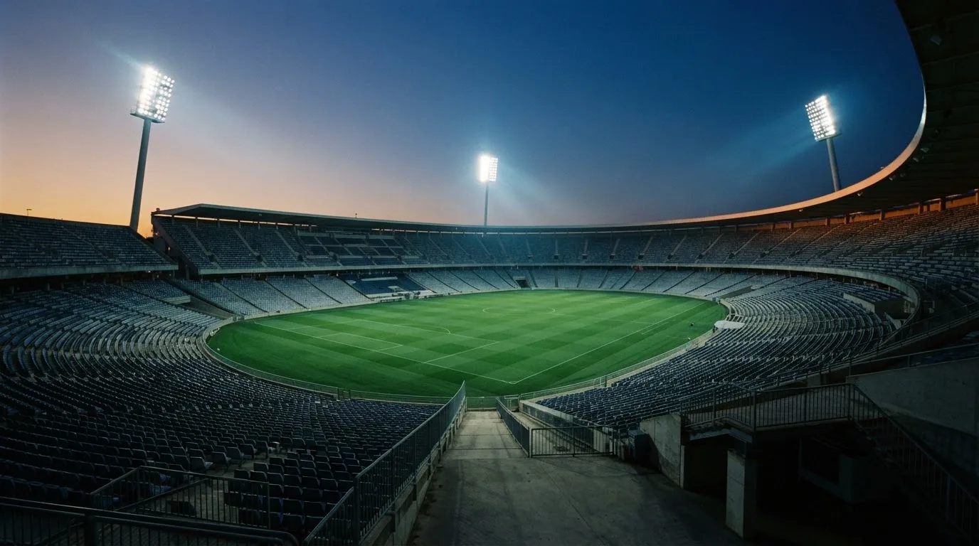 An empty football stadium with floodlight masts at dusk