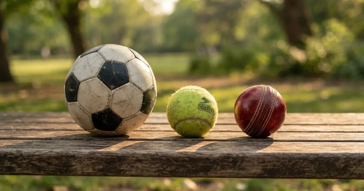 Three balls of different kinds side by side on a wooden bench