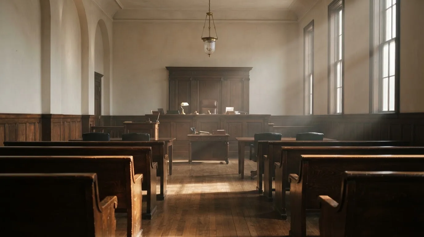 An empty courtroom with wooden benches in morning light