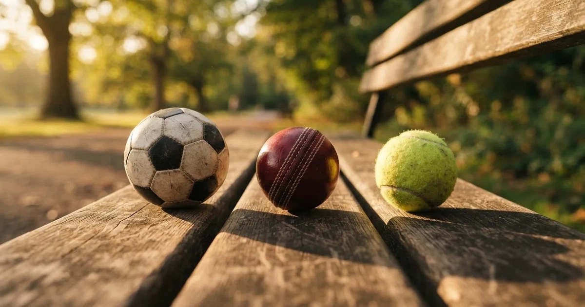 Three balls of different kinds side by side on a wooden bench