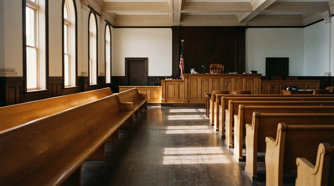 An empty courtroom with wooden benches in morning light