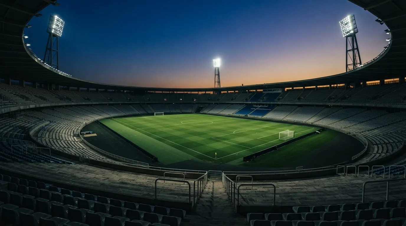 An empty football stadium with floodlight masts at dusk