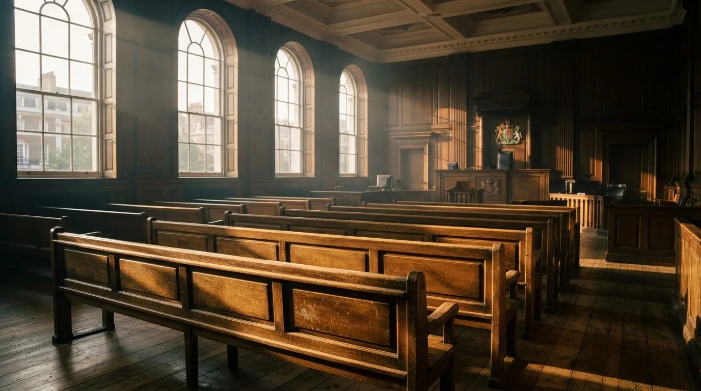 An empty courtroom with wooden benches in morning light