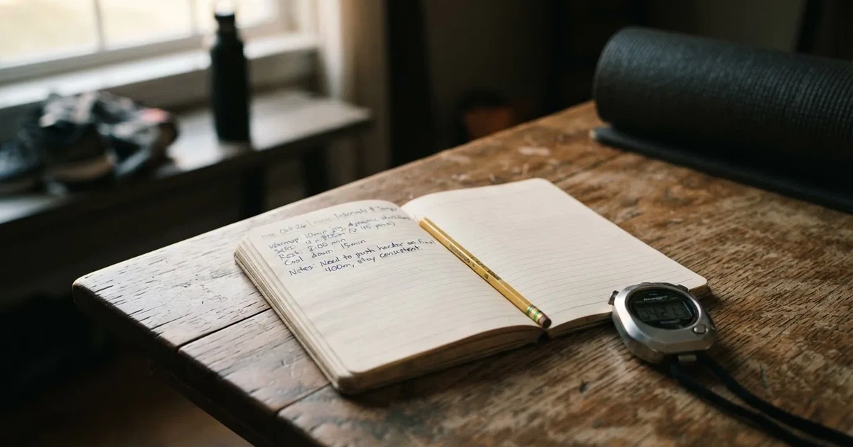 An open notebook with a pencil and a stopwatch on a wooden table