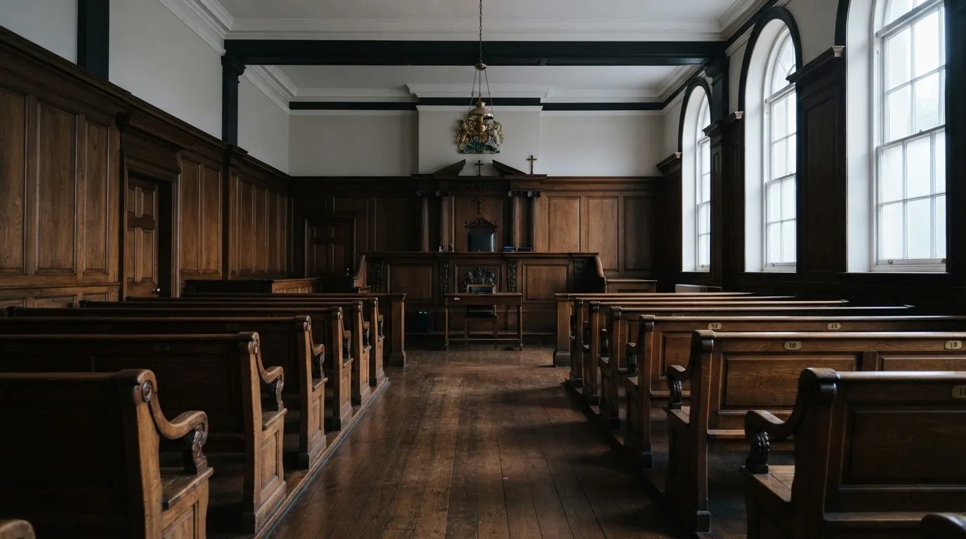 An empty courtroom with wooden benches in morning light