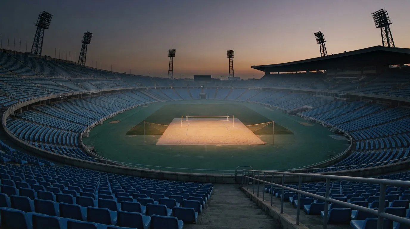 An empty football stadium with floodlight masts at dusk