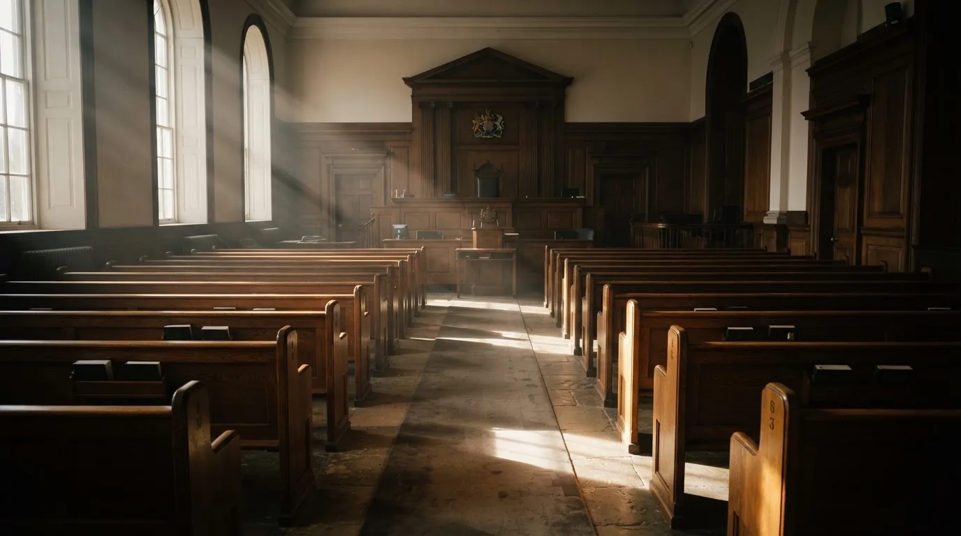 An empty courtroom with wooden benches in morning light