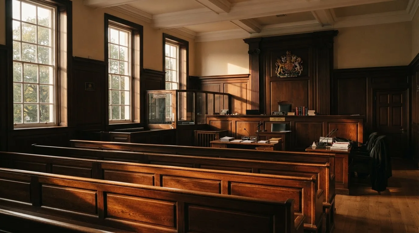 An empty courtroom with wooden benches in morning light
