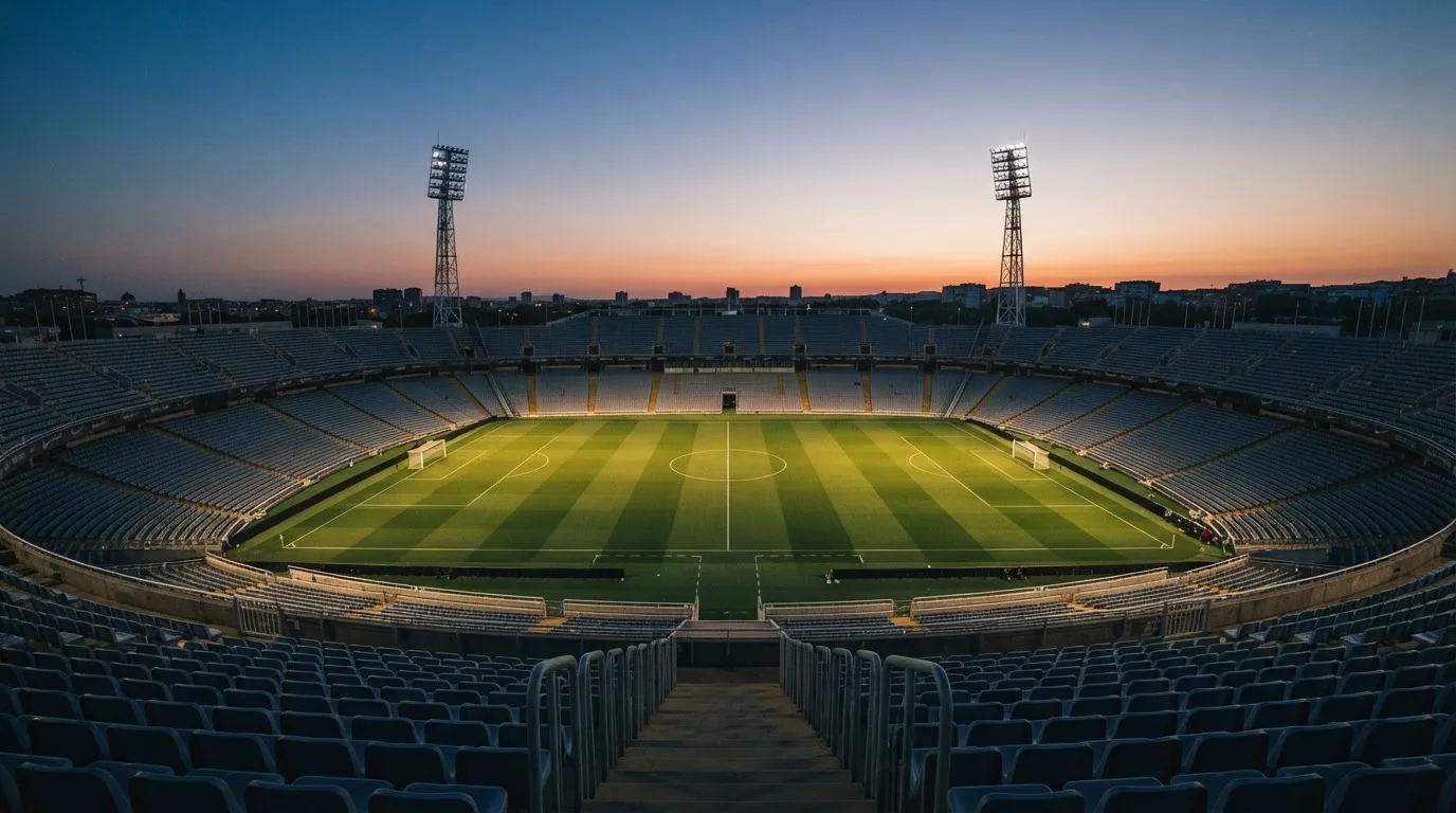 An empty football stadium with floodlight masts at dusk