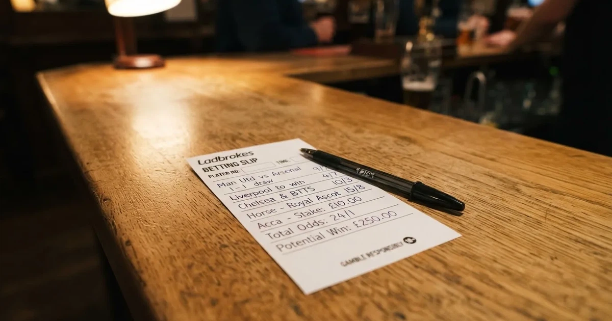 A blank paper betting slip beside a pen on a wooden counter
