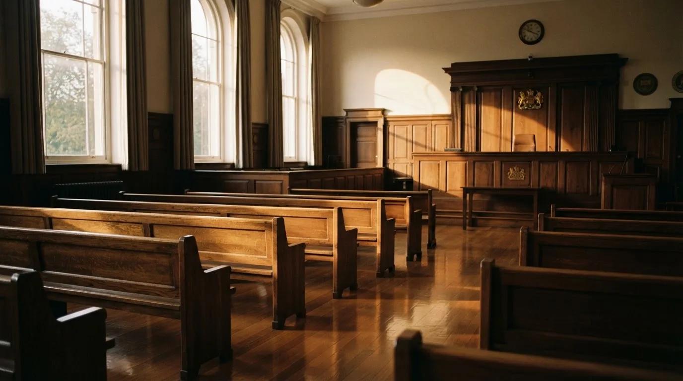 An empty courtroom with wooden benches in morning light