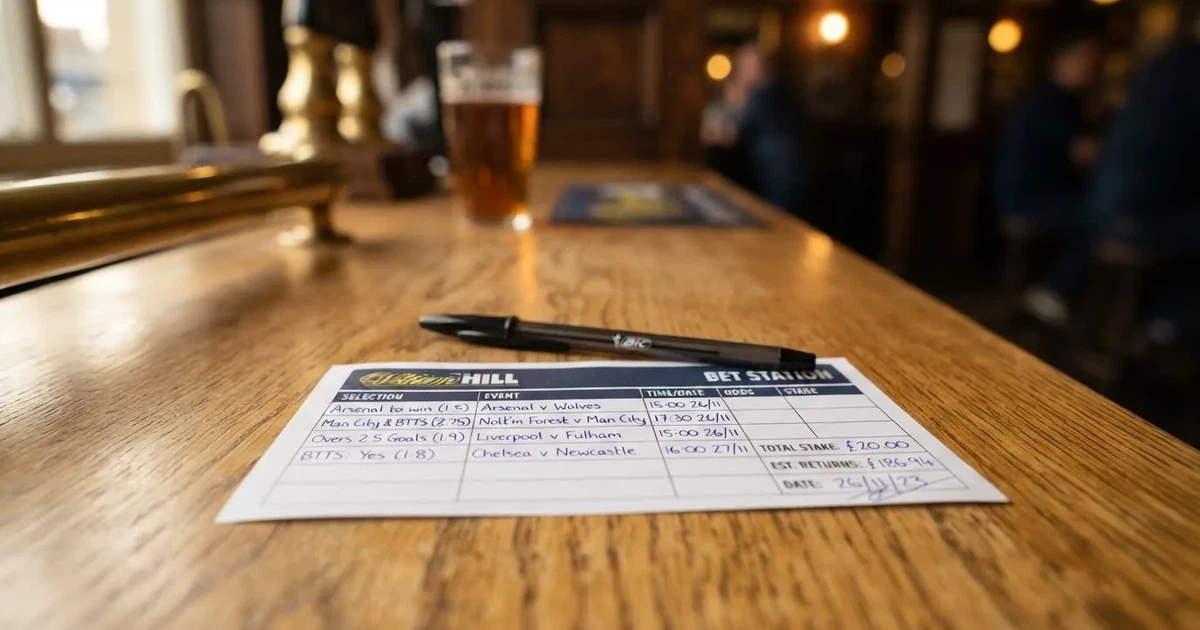 A blank paper betting slip beside a pen on a wooden counter