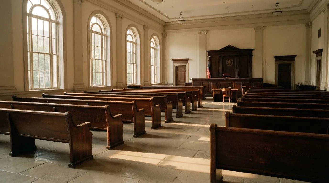An empty courtroom with wooden benches in morning light