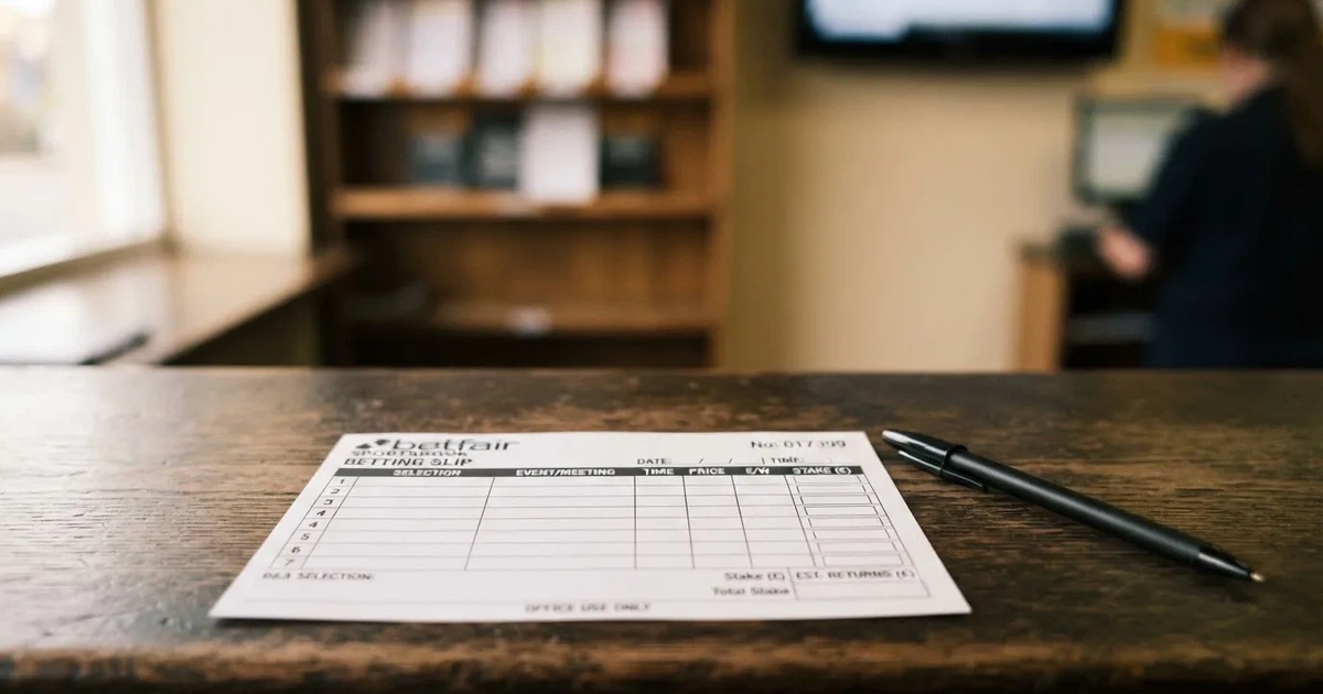 A blank paper betting slip beside a pen on a wooden counter