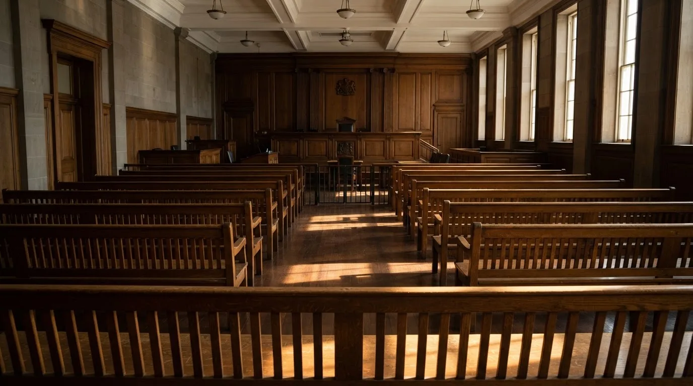 An empty courtroom with wooden benches in morning light