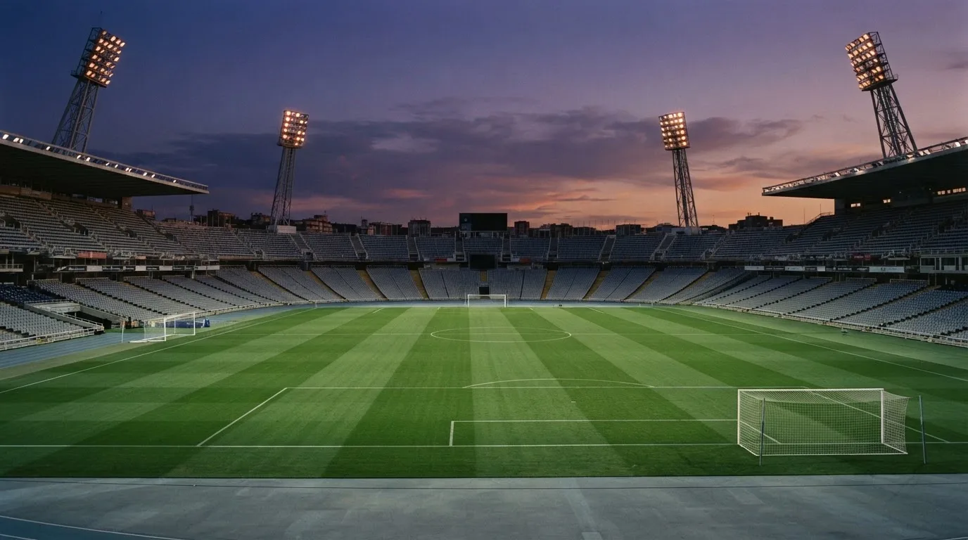 An empty football stadium with floodlight masts at dusk