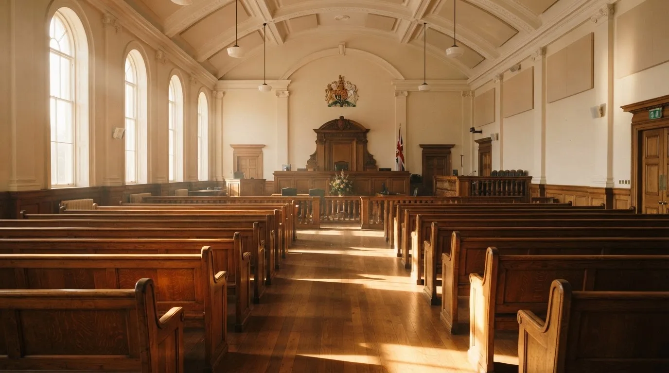 An empty courtroom with wooden benches in morning light